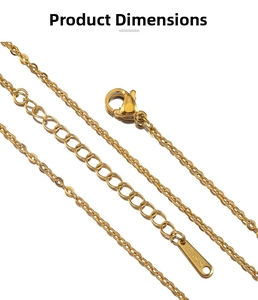 Detail of gold stainless steel extension chain with lobster clasp and S-STEEL tag