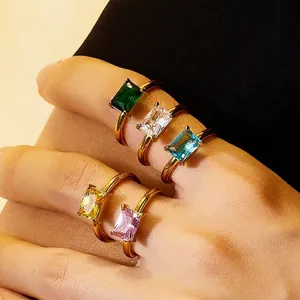 European American Square Cut Rhinestone Titanium Steel Ring Gold Plated Geometric Finger Ring For Women Fashion Jewelry