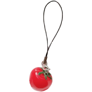 Pastoral style realistic tomato keychain charm with red resin finish and black cord lanyard