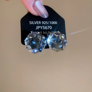 Close-up of faceted crystal sphere earrings with 925 silver base showing light refraction
