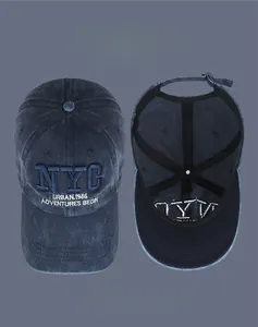 Detailed view of vintage washed baseball cap featuring NYC 3D embroidery and adjustable strap
