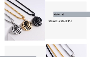 Close-up of 316L stainless steel sun and moon pendant necklace in three colors