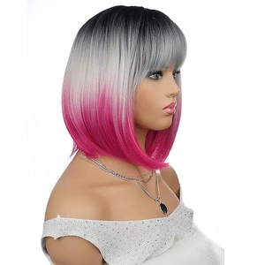 Short Bob wig with bangs in a gradient blend of black, silver gray, and vibrant pink colors