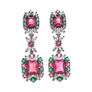 Vintage style square zircon earrings with pink gemstones and oxidized silver finish