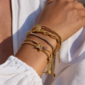 Layered 18K gold plated stainless steel bracelets with pink zircon and butterfly charms