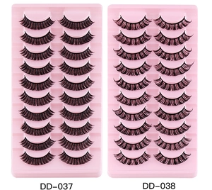 Detailed view of DD-037 and DD-038 Russian curl synthetic eyelashes in 10-pair sets