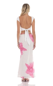 Detailed back view of a white floral mesh two-piece set with tie-back top and long skirt