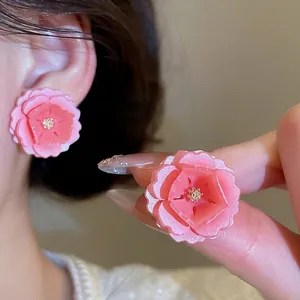 Boucles D'oreilles Puces Fleur Rose Avec Tige En Argent Résine 3D Floral Bijoux Doux Élégants Pour Femmes