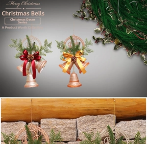 Close-up of golden Christmas bells with glitter, pine cones, and red bows for holiday decor