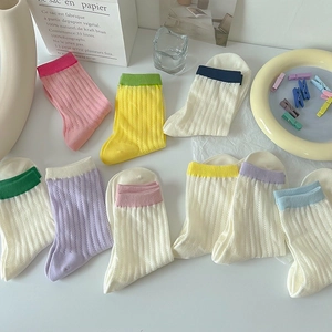 Women Crew Socks Breathable Hollow Out Pointelle Mesh Candy Color Contrast Ribbed Trim Cotton Knit Japanese Style