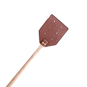 Classic leather fly swatter with star-shaped holes and extra-long beech wood handle