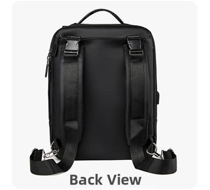 Detail view of the ergonomic padded shoulder straps and waterproof back of the laptop backpack