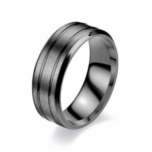 Minimalist matte black titanium steel ring with brushed finish and dual parallel grooves