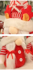Macro detail of red knitted hat texture and white buttons on Christmas gnome doll