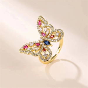 Adjustable gold-plated butterfly ring with colorful cubic zirconia and evil eye stones