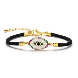 Adjustable evil eye charm bracelet with colorful cubic zirconia and black braided cord