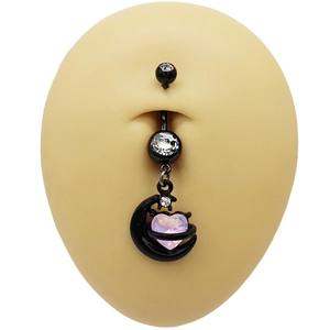Black moon belly ring with pink heart stone and crystals on silicone navel model