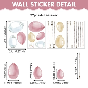 Detailed size chart for 22pcs Easter egg window stickers on 4 sheets of PVC wall decals