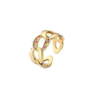 Chic gold-plated Cuban chain open ring featuring colorful pavé-set zircon crystals