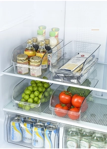 BPA-free PET food storage bin with open-front design for easy access in the fridge
