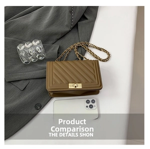 Detail view of brown quilted bag with gold chain strap and square twist lock closure
