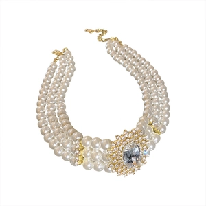 Elegant 3-layer faux pearl choker necklace with large crystal pendant on white background