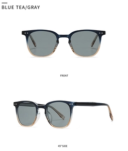 Front and 45-degree side view of round gradient blue tea sunglasses with gray lenses