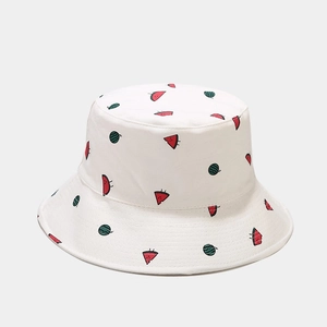 Close-up of white cotton bucket hat featuring cute cartoon watermelon print embroidery