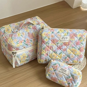 Detailed set of blue floral quilted makeup bags in three sizes on a wooden surface