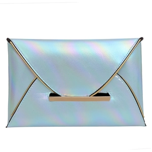 Chic holographic envelope clutch bag with gold metal trim for women on white background