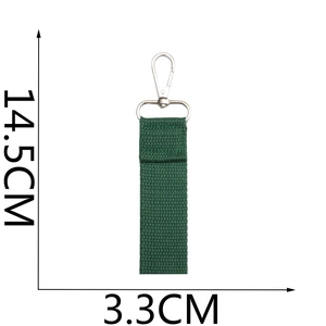 Dark green ribbon keychain with metal clasp, 14.5cm length and 3.3cm width dimensions