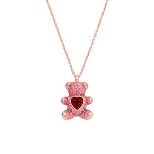 Exquisite French pink teddy bear pendant necklace with zircon and red heart stone