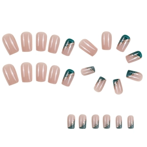 Nude and dark green square press-on nails set with gold foil accents and marble effect