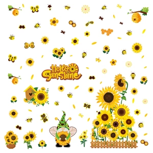 Spring sunflower window stickers featuring cartoon bees, gnomes, and Hello Sunshine decals