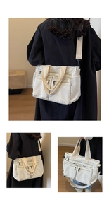 Three-way view of off-white corduroy tote bag showing shoulder, side and hand-held use