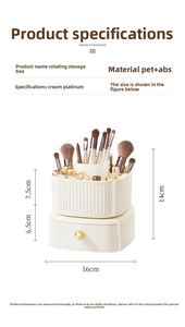 Rotating cream makeup organizer details with golden handle and dimensions 16x14cm