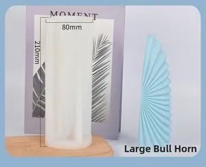 Detail of large horn candle silicone mold with product dimensions and blue finished candle