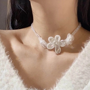 Floral Beaded Choker Necklace Faux Artificial Pearl Transparent Glass Beads Double Layer Hand Woven Elegant Sweet Jewelry For Women