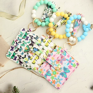 Silicone bead bracelet keychain with butterfly print PU leather card wallet and tassel