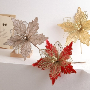 Glittering 24cm mesh Christmas flowers in red, gold and silver for holiday tree decoration