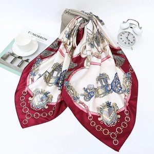 Elegant 90x90cm satin silk scarf with vintage carriage and chain print on a handbag