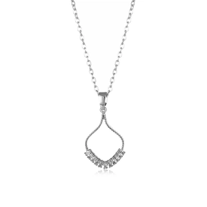 Silver skirt-shaped necklace with zircon micro-paving on a reflective white surface