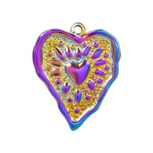 Rainbow heart charm in 304 stainless steel with textured surface and hanging loop
