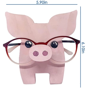 Detailed size chart of pink pig wooden animal glasses stand showing 5.90in by 6.10in