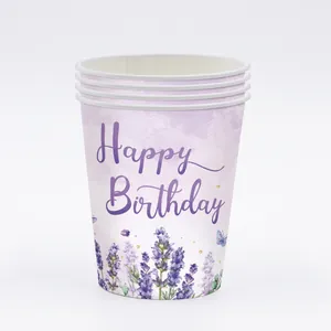 Detail of lavender themed party paper cups with Happy Birthday text and floral pattern