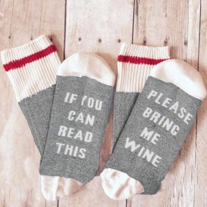 Funny If You Can Read This Bring Me Wine cotton socks with striped cuffs and grey knit