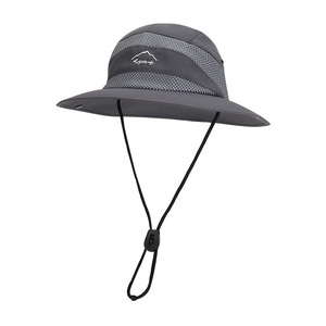 Dark grey outdoor sun hat with wide brim, mesh vents and sport logo for hiking