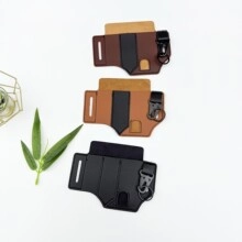 Macro detail of portable leather jewelry pouches in black, dark brown, and tan finishes