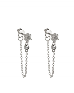 Elegant silver flower stud earrings with zircon crystals and long chain detail