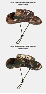 Detail of camouflage sun hats with adjustable wind ropes and breathable metal eyelets